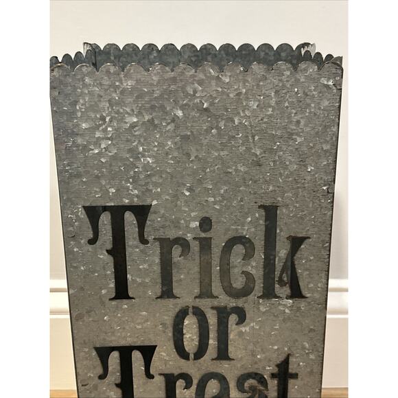 Halloween Candle Holder Galvanized Metal “Trick Or Treat” 7.5x4.75x15” - Picture 2 of 10